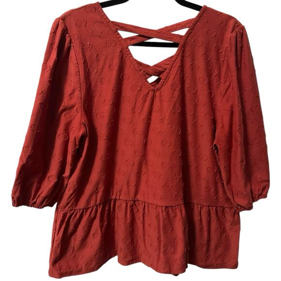 LEE Rust Textured Dot Peplum Crisscross Back Top Women’s XL 3/4 Sleeve Boho - Picture 2 of 7
